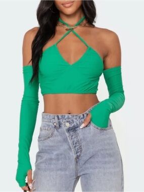 Edikted Havana Green Crisscross Long-Sleeve Crop Top